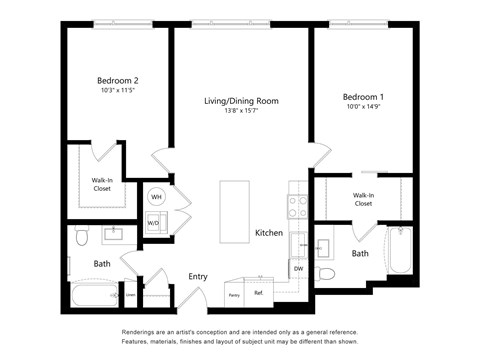 A floor plan of a house with two bedrooms, a living/dining room, a kitchen, a bath, and an entry.